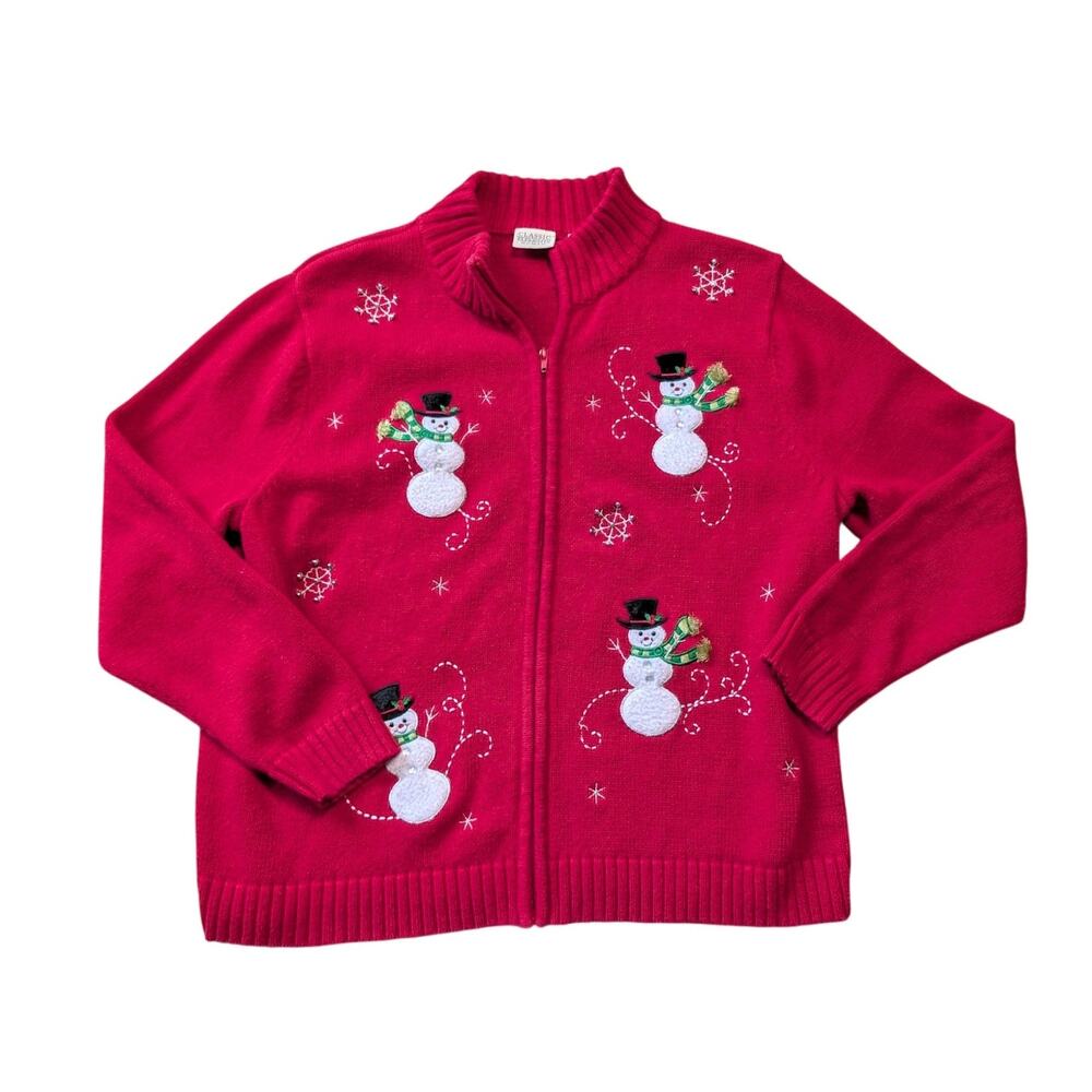 Vintage Classic Elements Christmas Sweater 16-18W Red Snowman Zip Cardigan Knit